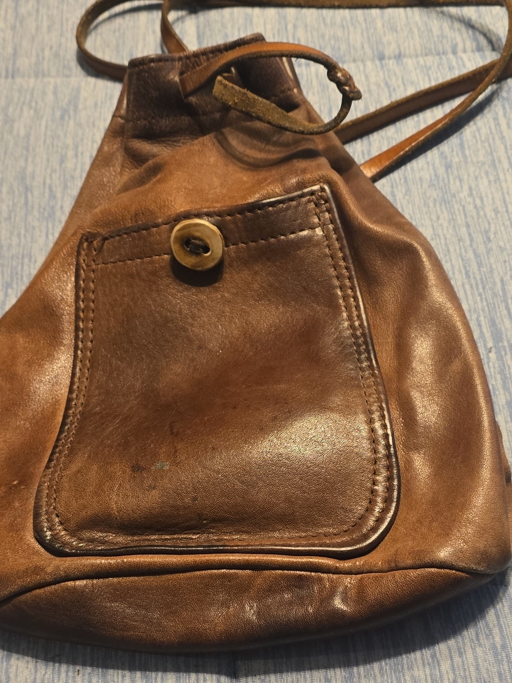 Compact Brown Leather Backpack Crossbody with Front Patch Pocket